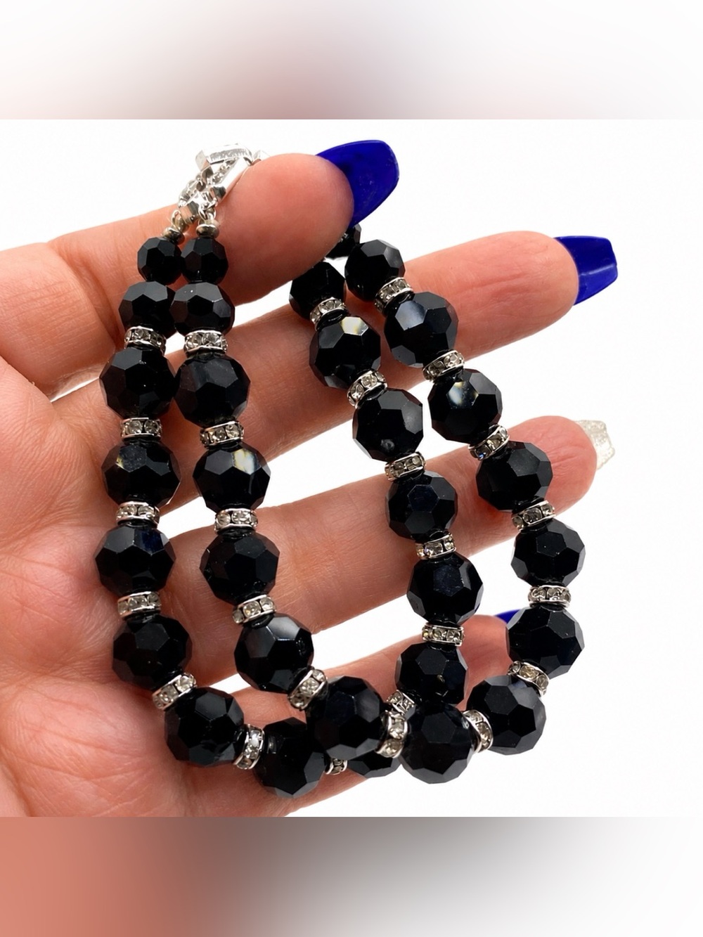 Crown Trifari Black Faceted Glass Clear Rhinestone Rondelle Bracelet